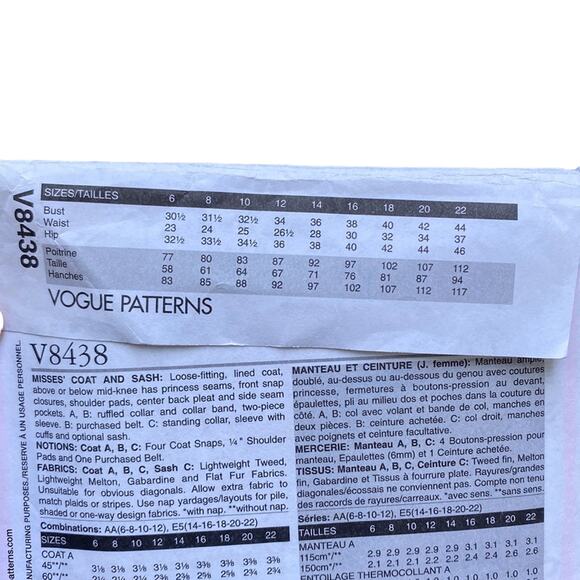 VOGUE Pattern V8438 Coat Size 6-12 Sewing Pattern UNCUT - Picture 4 of 5